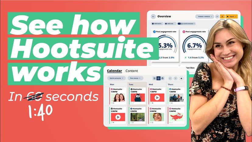 Screenshot of Hootsuite dashboard showing social media calendar, analytics, and engagement metrics with coral and green color scheme