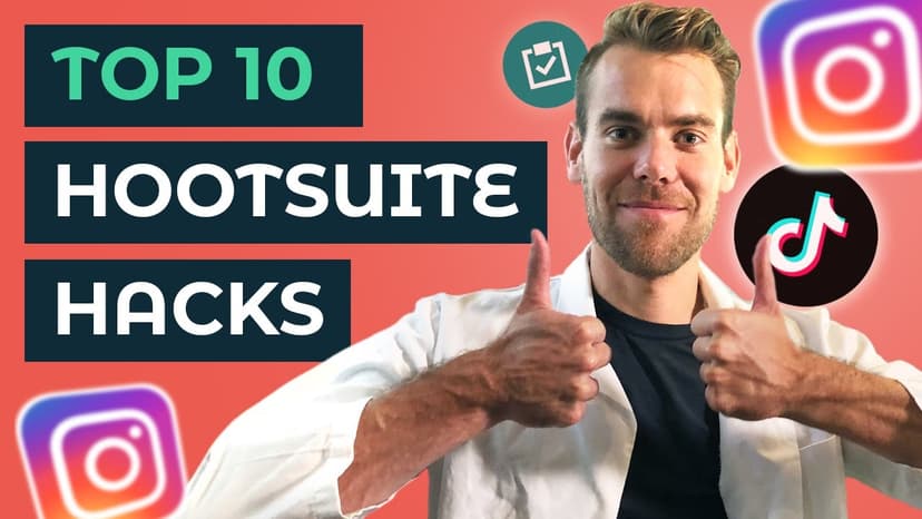 Thumbnail for Top 10 Hootsuite Hacks video with social media icons and text overlay on coral background